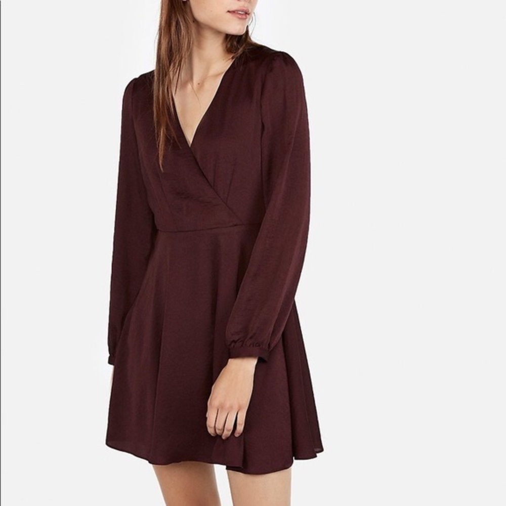 Express long sleeve surplice dress, burgundy, size XL